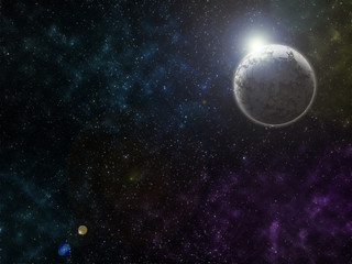 Starry outer space background texture. The sun is behind the dead planet.