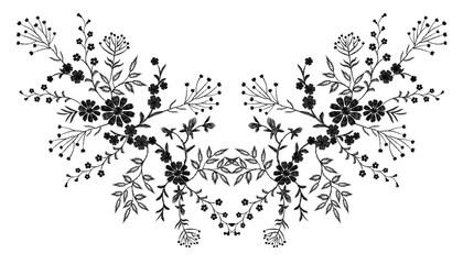 Black floral embroidery ornament. Fashion clothes decoration patch stitch texture embroidered field flower leaves. White background vector reflection symmetric illustration