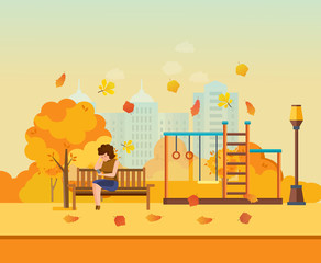 Autumn kids playground, girl resting in park.