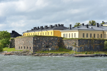 Fototapeta premium Suomenlinna (Sveaborg) fortress. Constructing began in 1748. Unapproachable Fortress Wall of Pikku-Musta island, Finnish naval academy