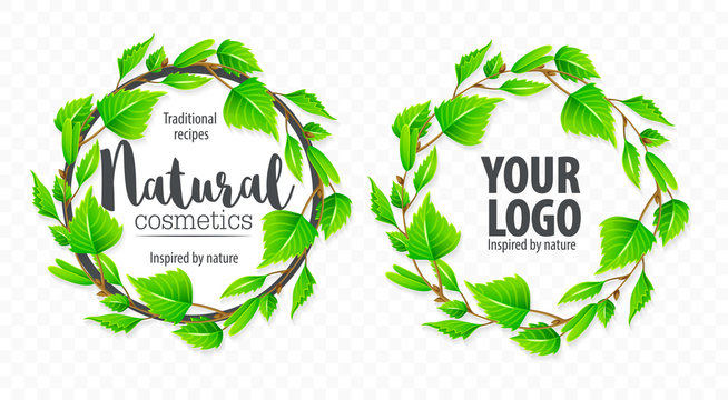 Natural organic sign logo with green birchen leaves in circle.