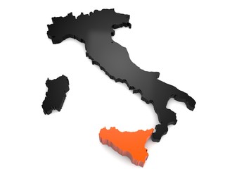 Italy 3d black and orange map, whith sicily region highlighted 3d render