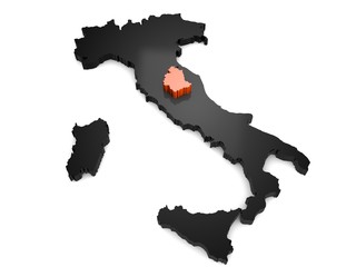 Italy 3d black and orange map, whith Umbria region highlighted 3d render