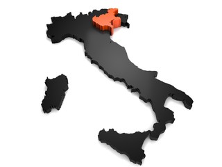 Italy 3d black and orange map, whith Veneto region highlighted 3d render