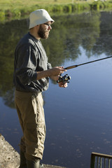 4-	Wędkarz łowi ryby na spinning. Ściąga żyłkę kołowrotkiem.
