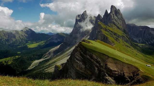 Beautiful view of the green plateau and mountains on a sunny summer day in Alps