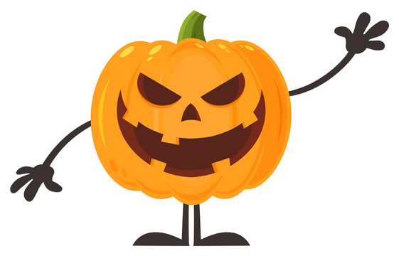 Smiling Evil Halloween Pumpkin Cartoon Emoji Character Waving For Greeting. Illustration Flat Design Style Isolated On White Background