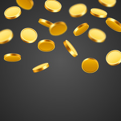 Falling coins, falling money, flying gold coins, golden rain. Jackpot or success concept. Modern background.