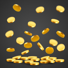 Falling coins, falling money, flying gold coins, golden rain. Jackpot or success concept. Modern background.