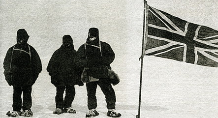 Jameson Adams, Frank Wild and Eric Marshall (from left to right) plant the Union Jack at 88° 23', on 9 January 1909. Photograph by Ernest Shackleton. - 171338196