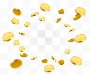 Realistic Gold Coins explosion. Isolated on transparent background.