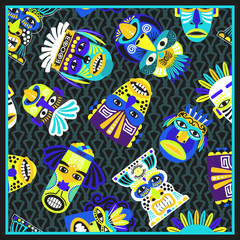 Naklejka premium Blue psychedelic bandana with masks pattern