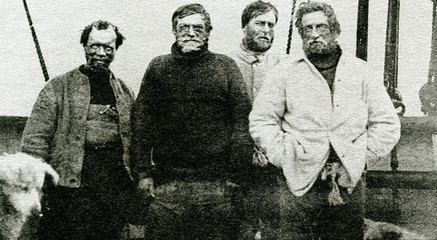 Nimrod Expedition South Pole Party (left to right): Frank Wild, Ernest Shackleton, Eric Marshall and Jameson Adams, 1909 - obrazy, fototapety, plakaty