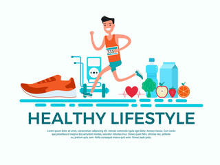 Flat design style. Healthy lifestyle concept. Adult young man running in sportswear. Proper nutrition, healthy food and sports equipment.