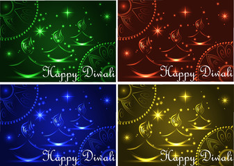 Fototapeta na wymiar Happy Diwali. Light background. Three Lampadka, an oil lamp with a burning fire on an emerald, red, blue, yellow background