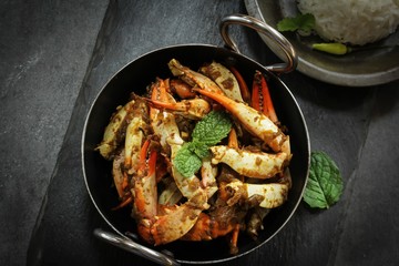 Crab Masala Roast served with cooked Jasmin rice