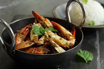 Crab Masala Roast served with cooked Jasmin rice