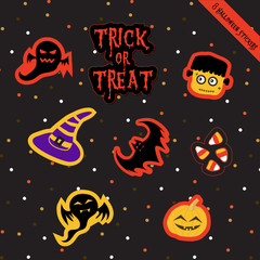 A set of Halloween stickers vector, scrapbook, gift tags, stickers collection for celebration Halloween holiday with ghost, Frankenstein monster, pumpkin, bat, candy; witch's hat; and Jack-o-Lantern. 