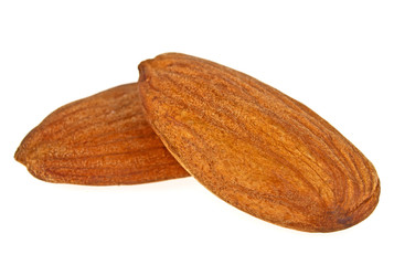 Closeup of two almond nuts isolated on a white background