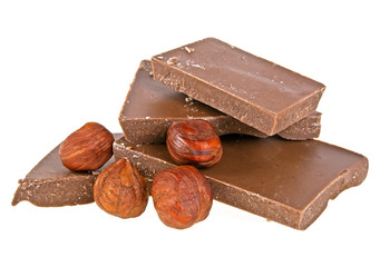 Chocolate with hazelnuts on a white background