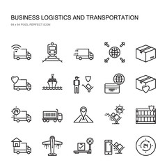 Business logistics and Transportation pixel perfect icon set. Delivery by truck train ship and plane include box, wooden box container and other icons.