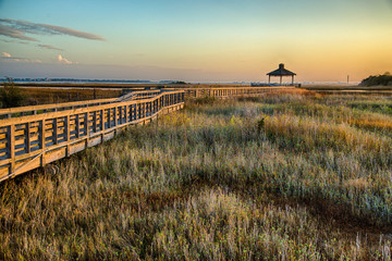 Southport Salt Marsh walkway at Sunset 