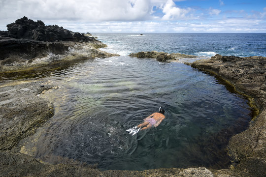 Natural pool at Mosteiros beach (praia Mosteiros), Sao Miguel, Azores Islands, Portugal.