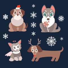 Vector set of puppies with christmas symbols. Cute dogs, best fr