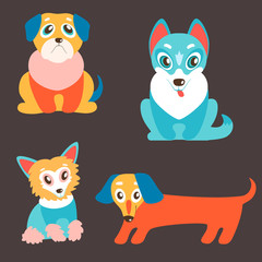 Vector set of puppies. Cute dogs, best friends. Pug, husky, dach