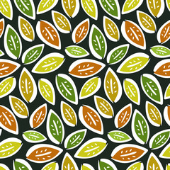 Autumn seamless pattern with hand drawn contrast leaves on dark background. Cute kids texture for textile, wrapping paper, surface, cover, web design