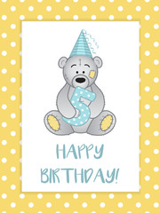 greeting card for birthday child, Teddy bear in hat and number 5