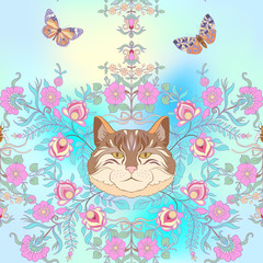 Seamless pattern, background with vintage style flowers and animals on pink, blue, vanilla background. Stock line vector illustration.