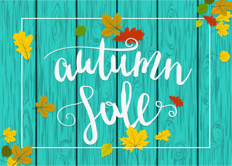 Vintage autumn wooden background. Fall yellow tree maple leafs vector design. Season nature border banner. Advertising sale template mock up retro shopping art. Foliage border concept.