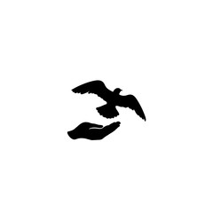Dove bird free with hand. Pigeon flying. Peace symbol. Freedom icon