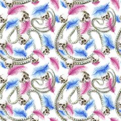 Fototapeta na wymiar Watercolor pattern, seamless pattern, background, human skull for Halloween with pearl decorations and ostrich feathers pink, print for decor on a white background