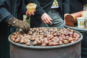 Roasted chestnuts for sale at the Dickens festival in Deventer, Netherlands