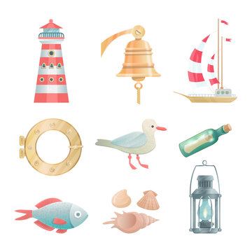Cartoon vector nautical elements. Highly detailed. All objects are conveniently grouped