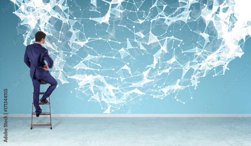 Aufkleber Businessman using connection network on a wall 3D rendering