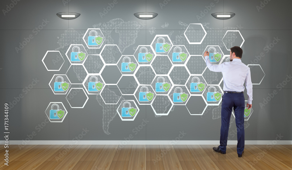 Aufkleber Businessman drawing internet security interface sketch on a wall 3D rendering