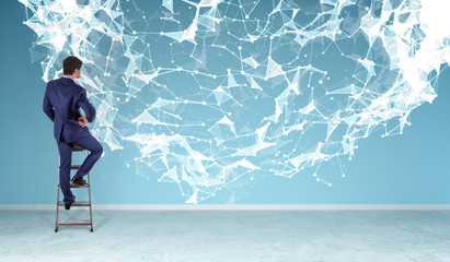 Businessman using connection network on a wall 3D rendering