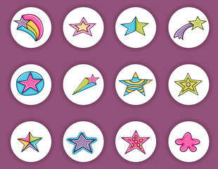 Stars cartoon doodle icon set. Cute elements for party decoration, greeting card,  advertisement, banner, flyer, brochure. Hand drawn vector illustration. 