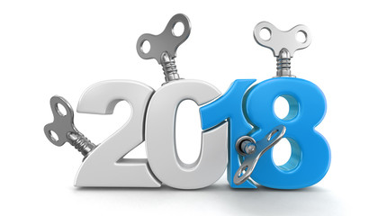 New Year 2018 with winding keys. Image with clipping path.