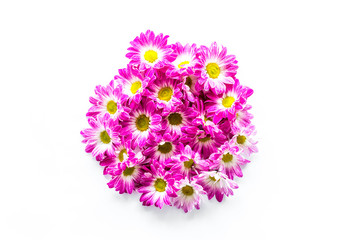 Floral pattern. Bouquet of pink flowers on white background top view copyspace