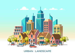 Obraz premium Modern city view. Traditional architecture landscape. Flat vector illustration. 3d style.