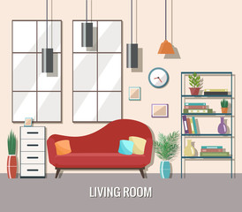 Living room interior with furniture. Flat design.
