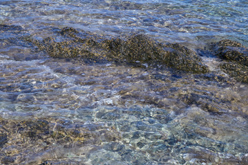 Sea view from beach with sunny sky.Summer rest on the beach of Greece.