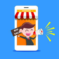 Businessman holding big sale sign and megaphone. online shop concept illustration