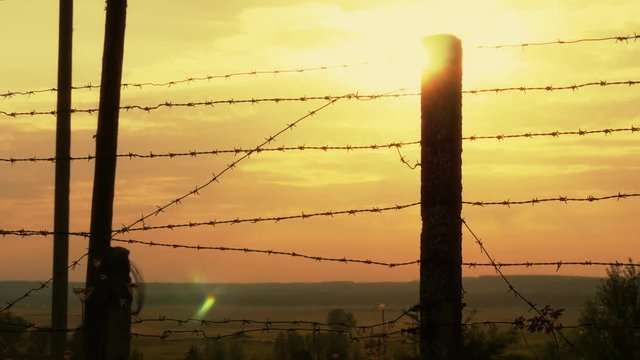 barbed wire fence at sunset.