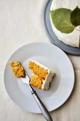 Top view of a homemade carrot cake white background. Cream cheese frosting.