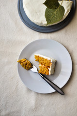 Top view of a homemade carrot cake white background. Cream cheese frosting.